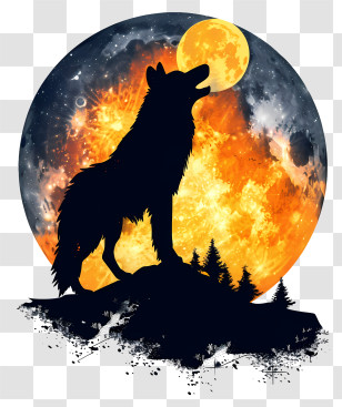 Wolf - Howling Wolf Silhouette Under Orange Moon Transparent PNG