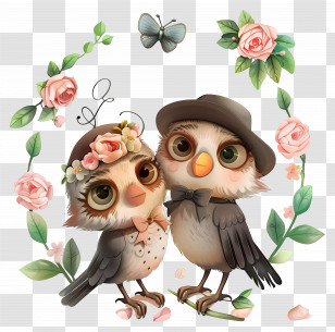 Animal - Cute Birds With Flowers On A Branch Transparent PNG