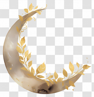 Crescent Moon - Decorative Gold And White Crescent Moon With Leaves Transparent PNG