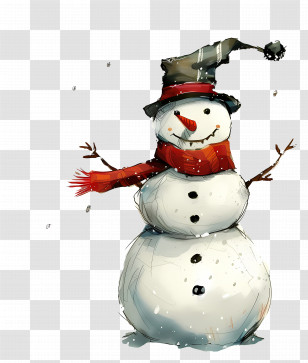 Snowman - Cheerful Snowman With Hat And Scarf Transparent PNG