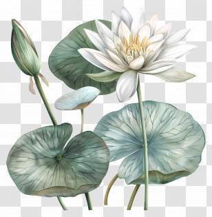 Water Lily - White Lotus Flower With Green Leaves Illustration Transparent PNG
