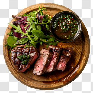 Steak - Grilled Steak With Fresh Salad On Wooden Plate Transparent PNG