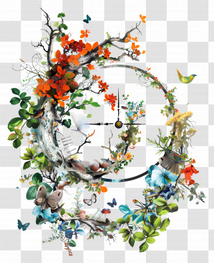 Clock - Colorful Floral Circle With Butterflies Transparent PNG