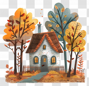 Residence In Fall - Cute Cartoon Cottage Surrounded By Autumn Trees Transparent PNG