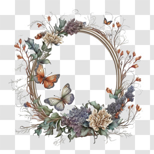 Hand Drawn Frame - Floral Wreath With Butterflies And Delicate Blooms Transparent PNG