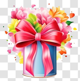 Bouquet Of Flowers - Beautiful Gift Box With Red Bow And Flowers Transparent PNG
