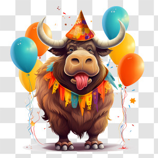 Bison Day - Party Yak With Colorful Balloons Illustration Transparent PNG