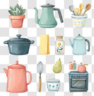 Cooking Items Watercolor - Charming Kitchen Items Collection Transparent PNG