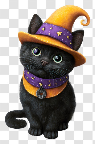 Black Cat In A Wizard Hat - Cute Black Witch Cat Transparent PNG