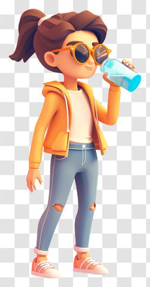 Drinking Water - Cartoon Girl Drinking Water With Sunglasses Transparent PNG