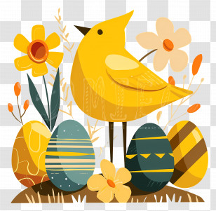 Easter Background - Yellow Bird With Flowers And Easter Eggs Transparent PNG