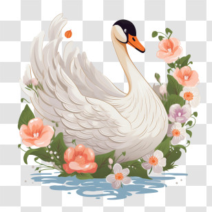 Swan - Elegant Swan Surrounded By Flowers Transparent PNG
