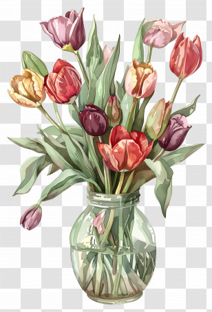 Tulips In Vase - Vibrant Tulip Bouquet In Glass Vase Transparent PNG