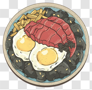 Cartoon - Illustrated Breakfast Bowl With Steak And Eggs Transparent PNG