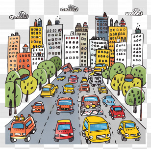 Cars In City - Doodle Illustration Of Urban City Traffic Transparent PNG