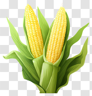 Watercolor Corn - Fresh Corn On The Cob With Green Leaves Transparent PNG