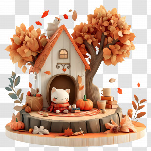 Cozy Fall - Small Cute Doodle House With Autumn Decorations Transparent PNG