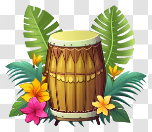 Wooden Drum - Tropical Drum Decorated With Flowers And Leaves Transparent PNG