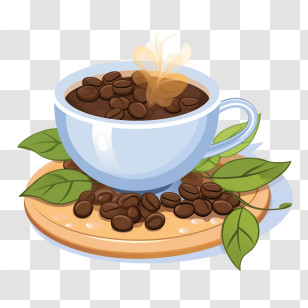 International Coffee Day - Coffee Cup With Beans And Decorative Leaves Transparent PNG