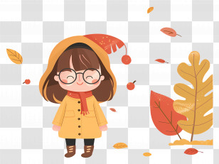 Autumn Background - Cartoon Girl In Autumn Leaves With Yellow Coat Transparent PNG