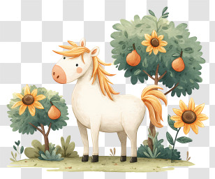 Cute Horse In Garden - White Horse With Sunflowers And Trees Transparent PNG