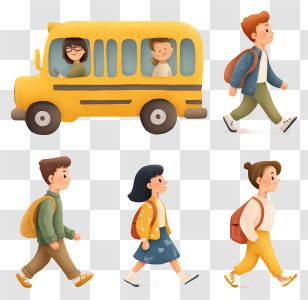 Get On The Bus - School Bus With Students Walking Transparent PNG