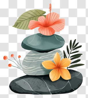 Spa Stones - Stacked Stones And Flowers With Decorative Leaves Transparent PNG