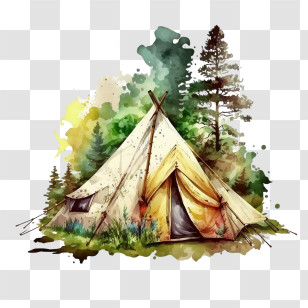 Watercolor Summer Camp - Watercolor Tent In A Forest Landscape Transparent PNG
