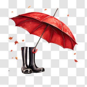 Autumn Rain - Stylish Red Umbrella And Black Boots With Autumn Leaves Transparent PNG
