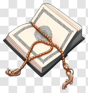Hand Drawn Holy Book Of Koran And Pray Beads - Open Book With Prayer Beads Transparent PNG