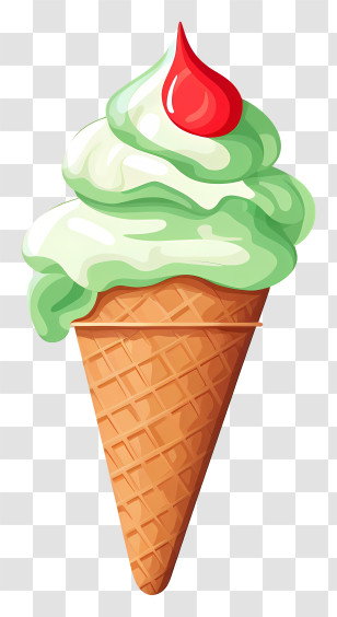 Waffle Cone - Green Mint Ice Cream Cone With Cherry Garnish Transparent PNG