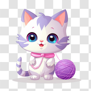 Cat Playing Yarn Ball - Cartoon Kitten With Purple Yarn Transparent PNG