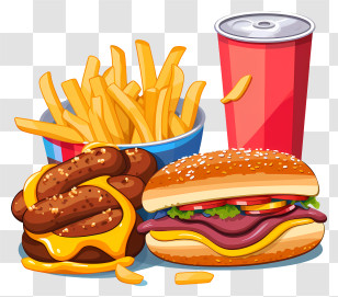 Hamburger - Fast Food Combo Plate With Drink Transparent PNG