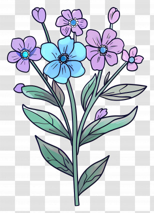 Forget Me Not - Blue And Purple Flowers With Green Leaves Transparent PNG