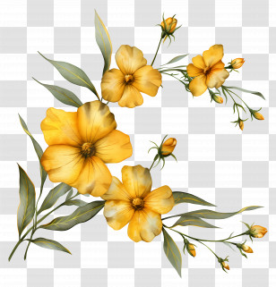 Yellow Flowers - Yellow Floral Illustration With Leaves Transparent PNG