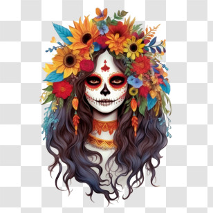 Skelita Calaveras - Sugar Skull With Colorful Flowers For Day Of The Dead Transparent PNG