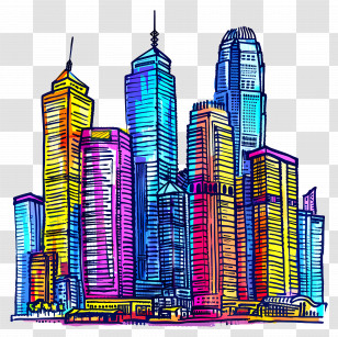 Hong Kong Skyline - Colorful City Skyline With Vibrant Skyscrapers Transparent PNG