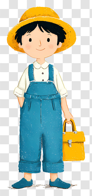 Child Holding Bag - Boy In Overalls With Yellow Hat Transparent PNG