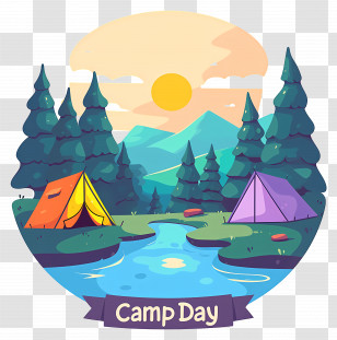 National Camp Day - Camping Day Scene With Tents And River Transparent PNG