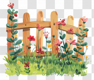 Garden Fence - Wooden Fence Surrounded By Flowers In Garden Transparent PNG