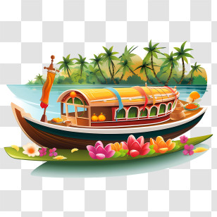 Onam Boat - Scenic Decorated Houseboat With Floral Accents Transparent PNG