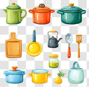 Cooking Items Watercolor - Colorful Kitchen Utensils Collection Transparent PNG