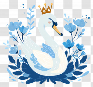 Cute Swan - Elegant Crowned Swan With Blue Floral Design Transparent PNG