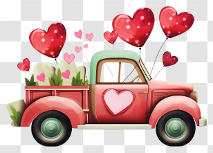 Cartoon Valentine Vehicle - Red Pickup Truck With Heart Balloons Transparent PNG