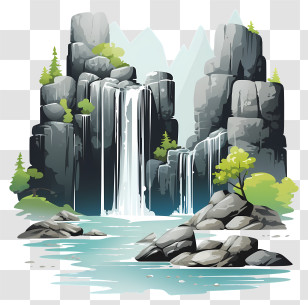 Sketch Style Waterfall - Beautiful Waterfall Scene With Rocks And Trees Transparent PNG