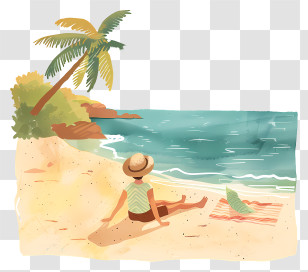 Relaxing - Tropical Beach With Woman Relaxing Under Palm Tree Transparent PNG