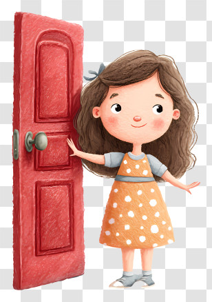 Girl Opening Door - Girl With Red Door In Cartoon Style Transparent PNG