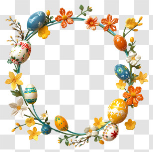 Easter Day Frame - Colorful Easter Egg Wreath With Flowers Transparent PNG