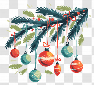 Christmas Balls On A Branch - Decorated Christmas Branch With Ornaments Transparent PNG
