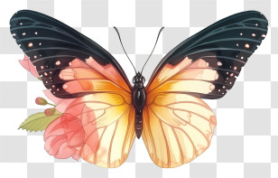Flat Elegant Butterfly - Orange Gradient Butterfly With Floral Details Transparent PNG